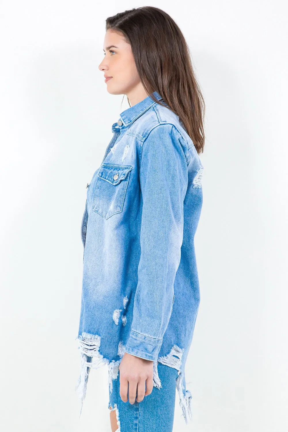 Madison - Frayed Hem Distressed Denim Shirt Jacket - Exclusively Online