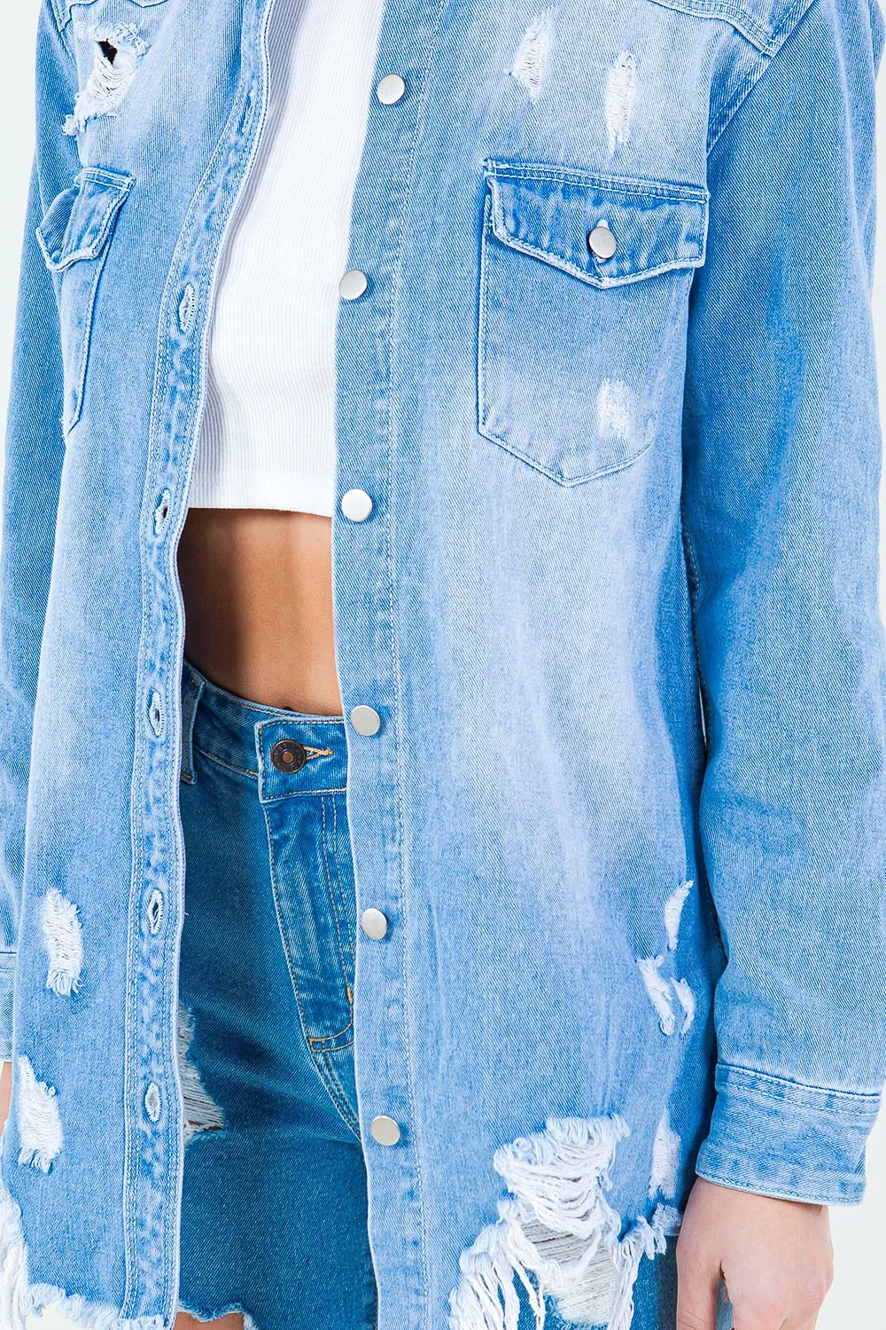 Madison - Frayed Hem Distressed Denim Shirt Jacket - Exclusively Online