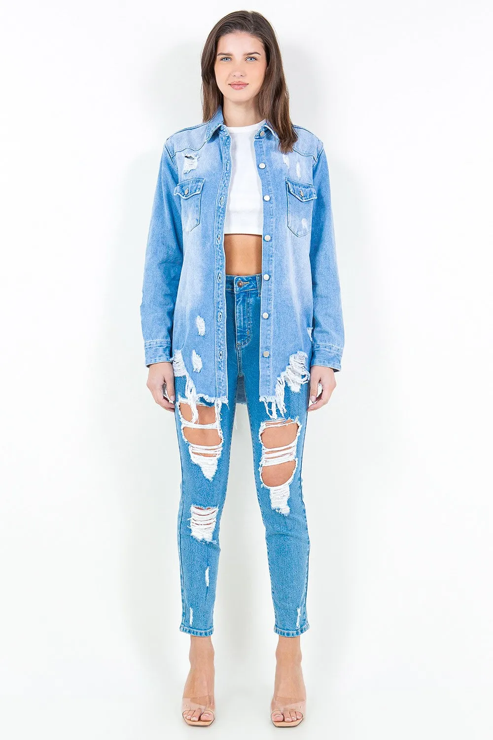 Madison - Frayed Hem Distressed Denim Shirt Jacket - Exclusively Online
