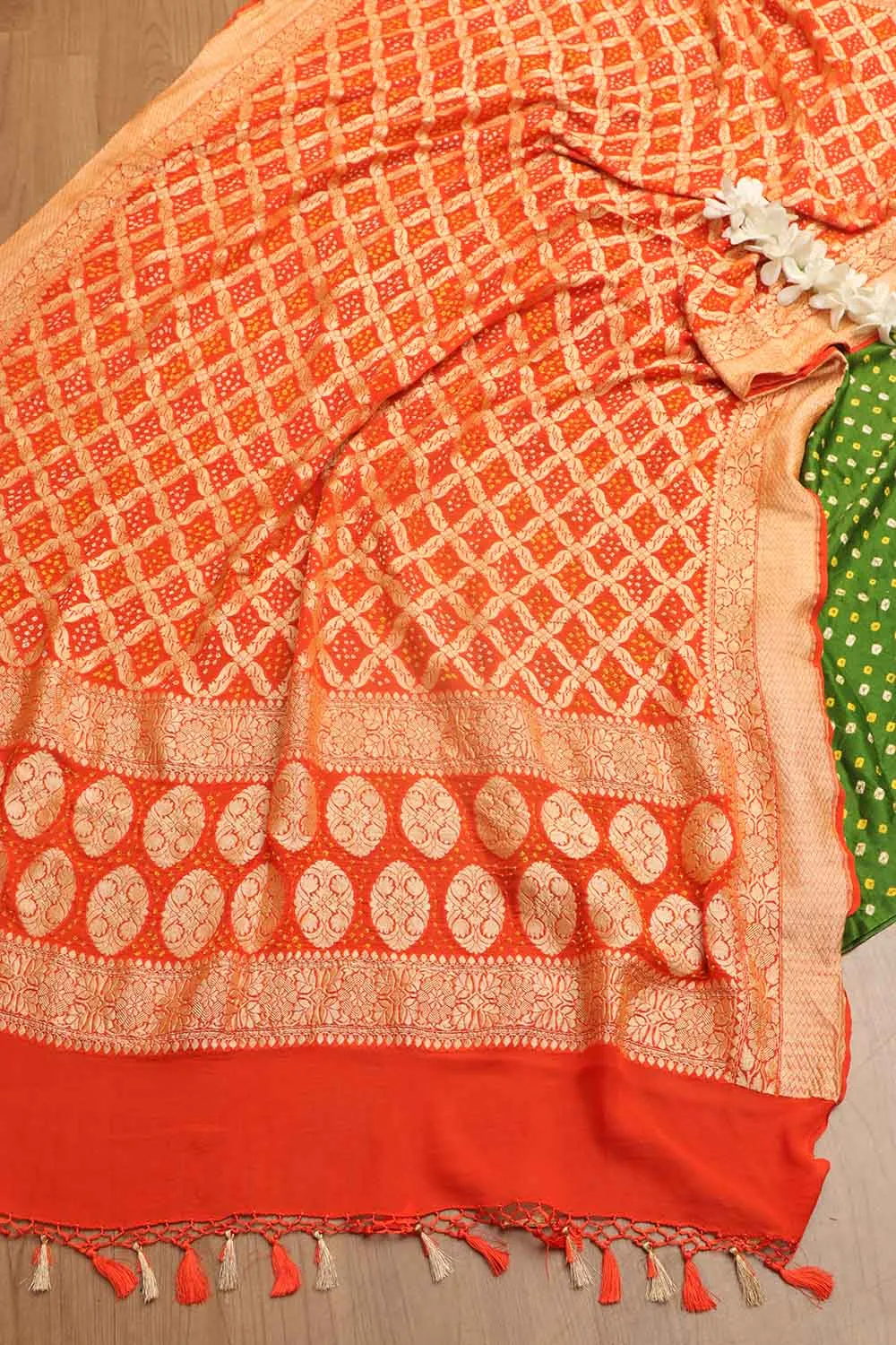 Mehendi Green Bandhani Pure Gajji Silk Suit With Orange Banarasi Bandhani Pure Georgette Dupatta