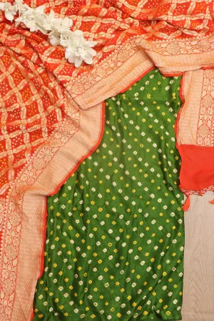 Mehendi Green Bandhani Pure Gajji Silk Suit With Orange Banarasi Bandhani Pure Georgette Dupatta