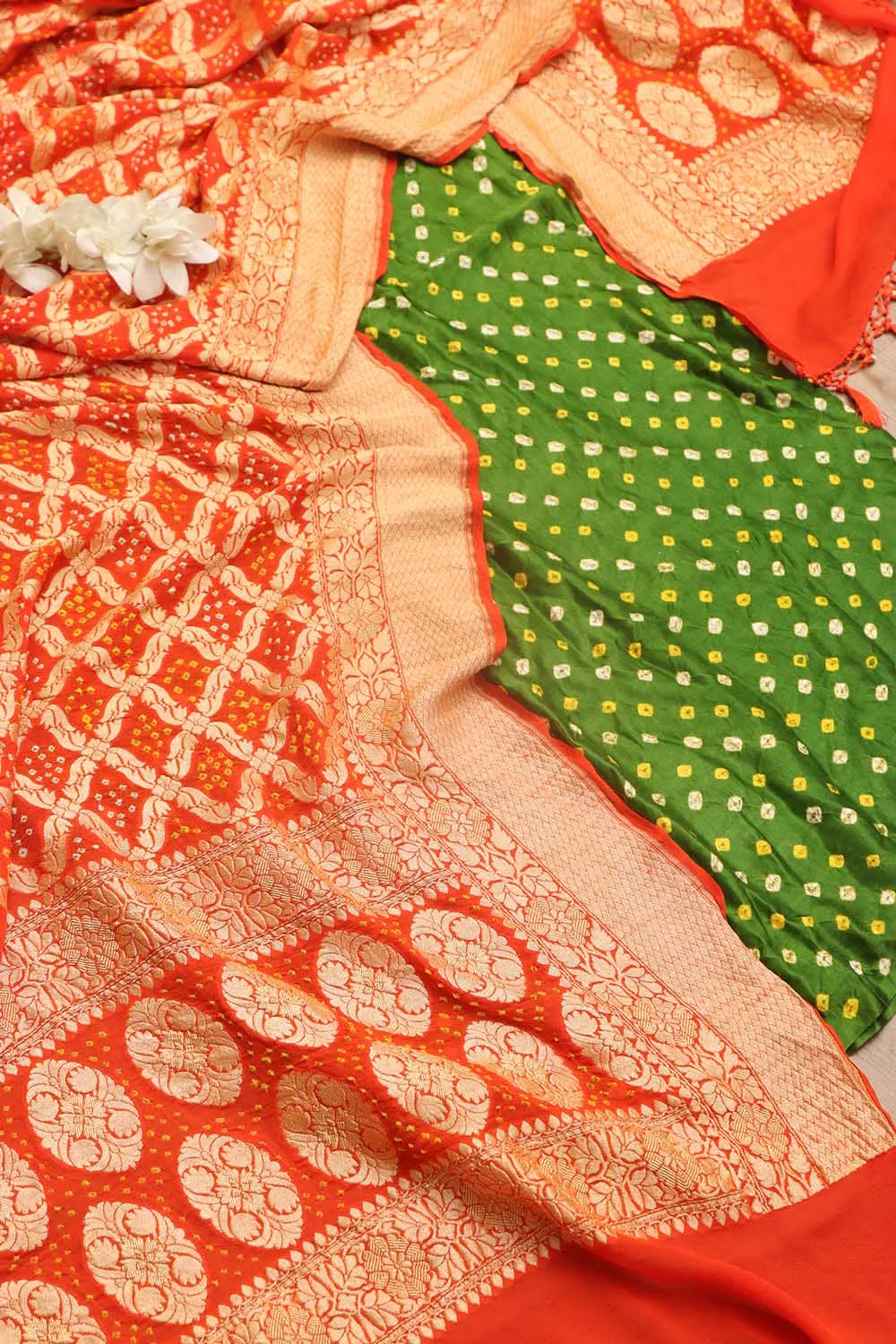 Mehendi Green Bandhani Pure Gajji Silk Suit With Orange Banarasi Bandhani Pure Georgette Dupatta
