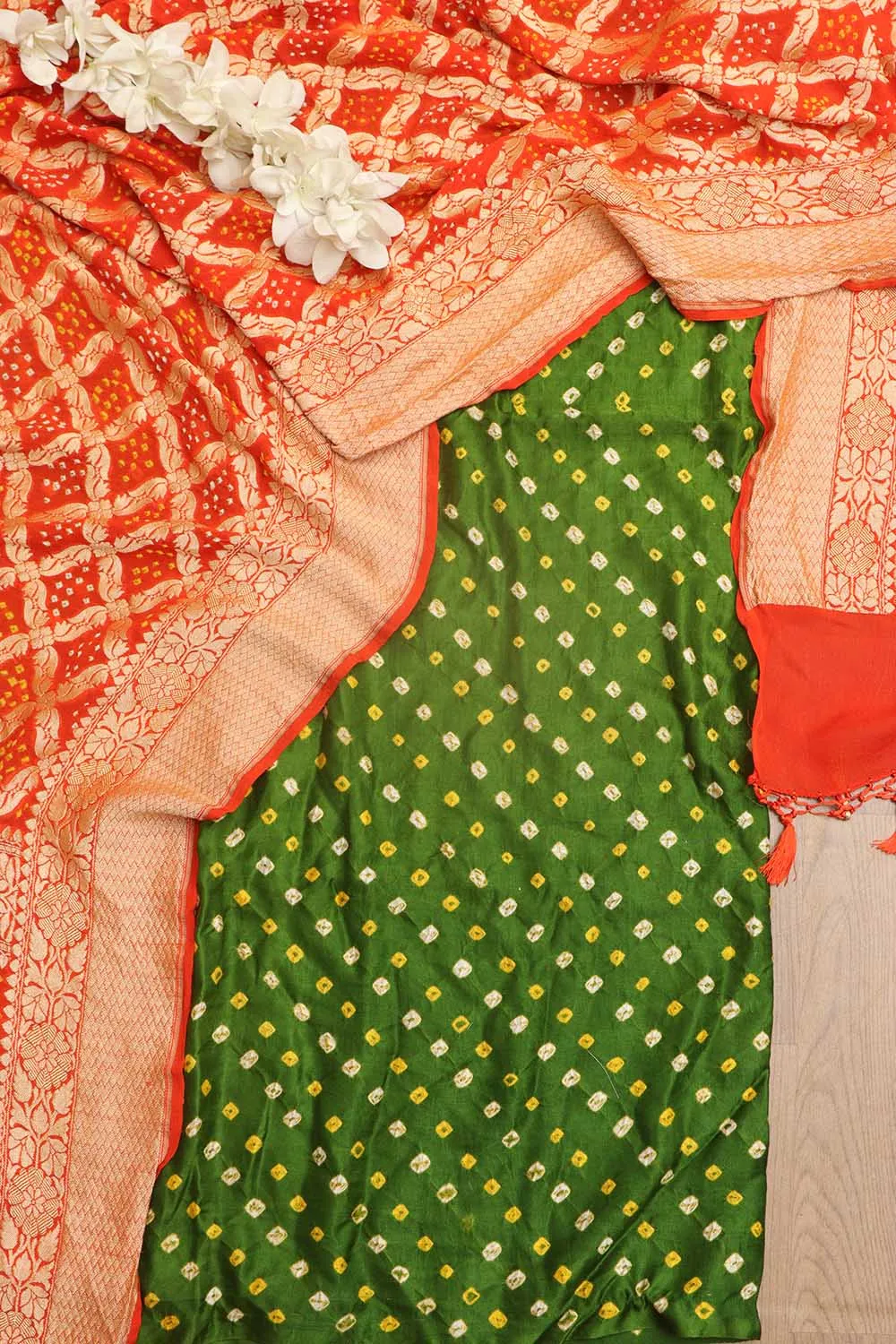 Mehendi Green Bandhani Pure Gajji Silk Suit With Orange Banarasi Bandhani Pure Georgette Dupatta