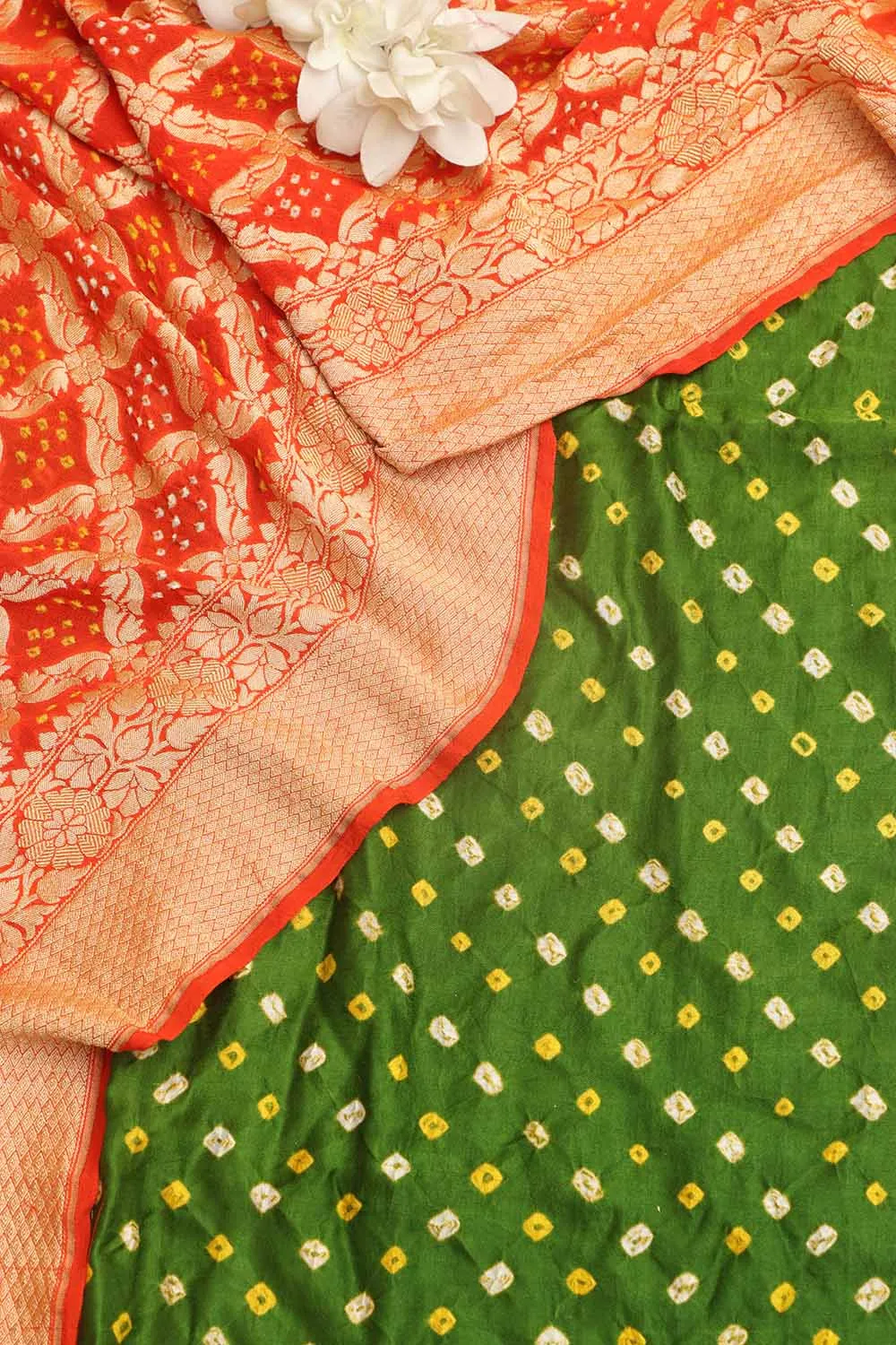 Mehendi Green Bandhani Pure Gajji Silk Suit With Orange Banarasi Bandhani Pure Georgette Dupatta
