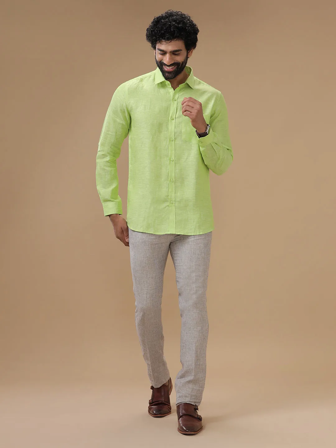 Men Pure Linen Shirt Green - L34