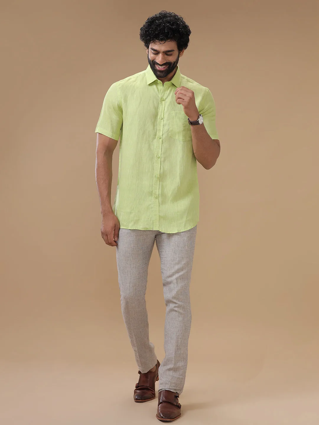 Men Pure Linen Shirt Green - L34
