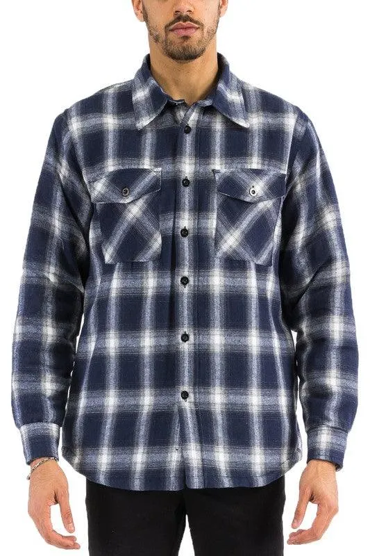 Mens Blue Black White Plaid Quilted Padded Flannel