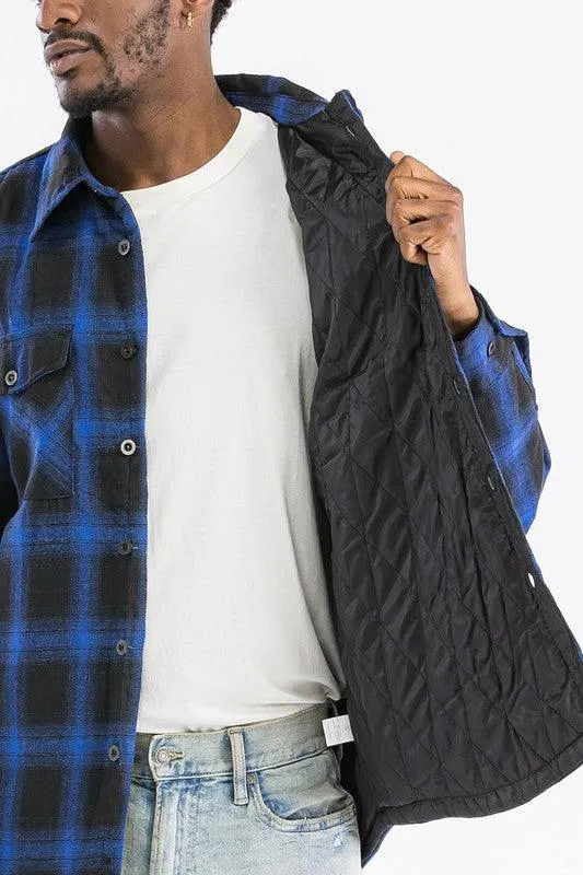 Mens Blue Black White Plaid Quilted Padded Flannel