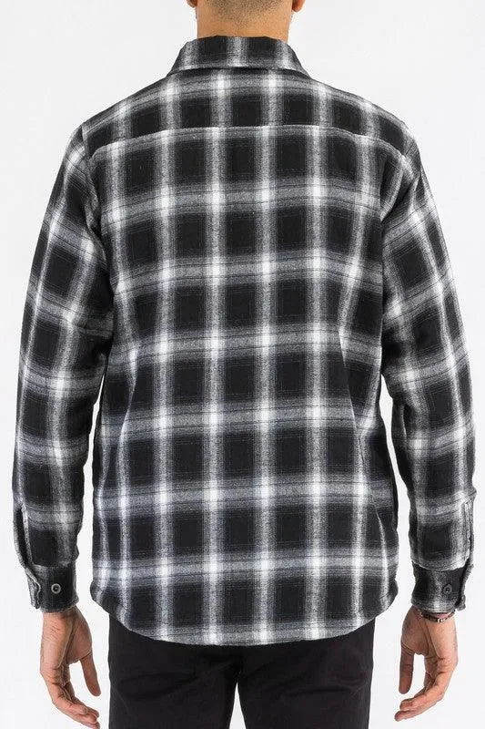 Mens Blue Black White Plaid Quilted Padded Flannel