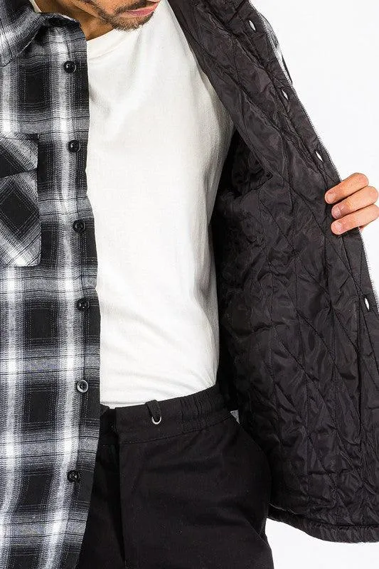Mens Blue Black White Plaid Quilted Padded Flannel