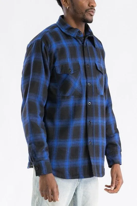 Mens Blue Black White Plaid Quilted Padded Flannel