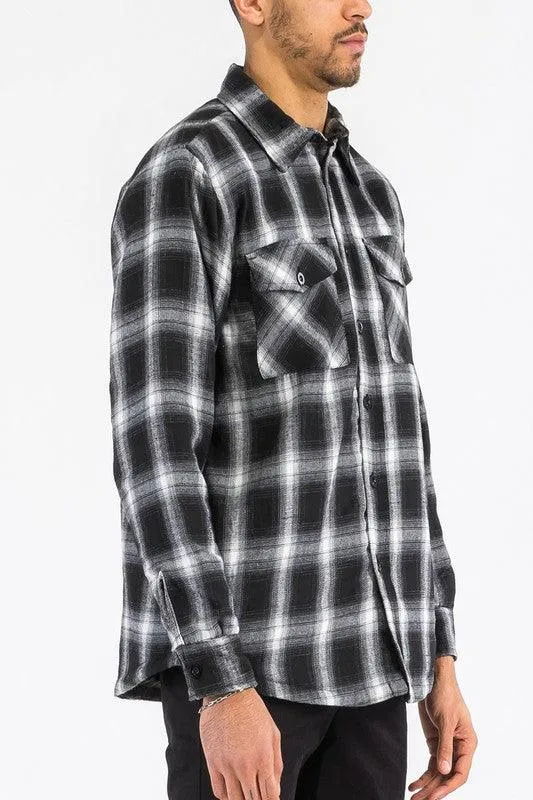 Mens Blue Black White Plaid Quilted Padded Flannel