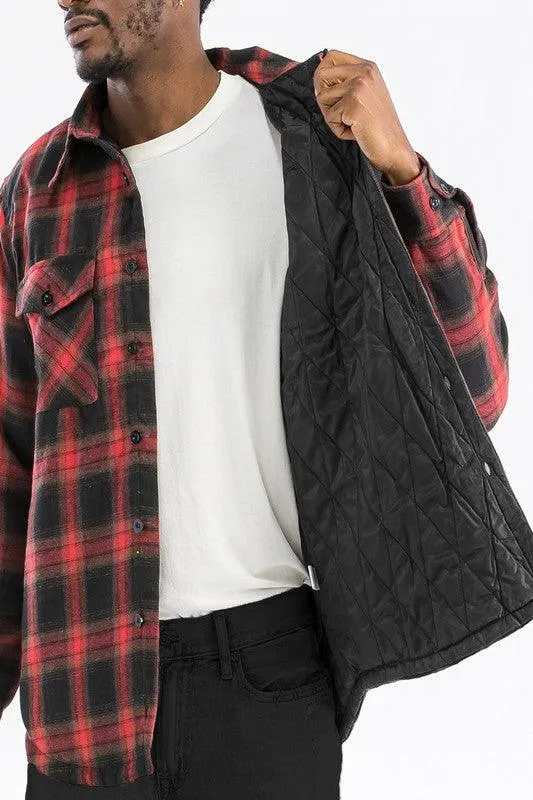 Mens Blue Black White Plaid Quilted Padded Flannel
