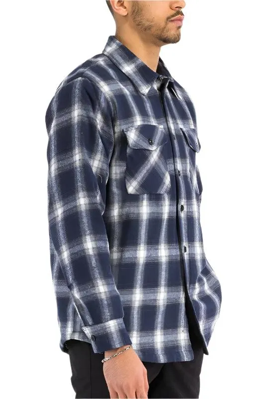 Mens Blue Black White Plaid Quilted Padded Flannel