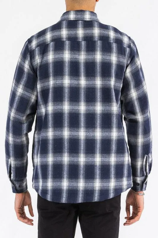 Mens Blue Black White Plaid Quilted Padded Flannel
