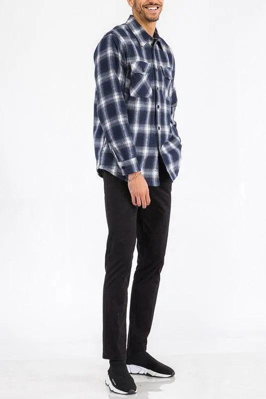 Mens Blue Black White Plaid Quilted Padded Flannel