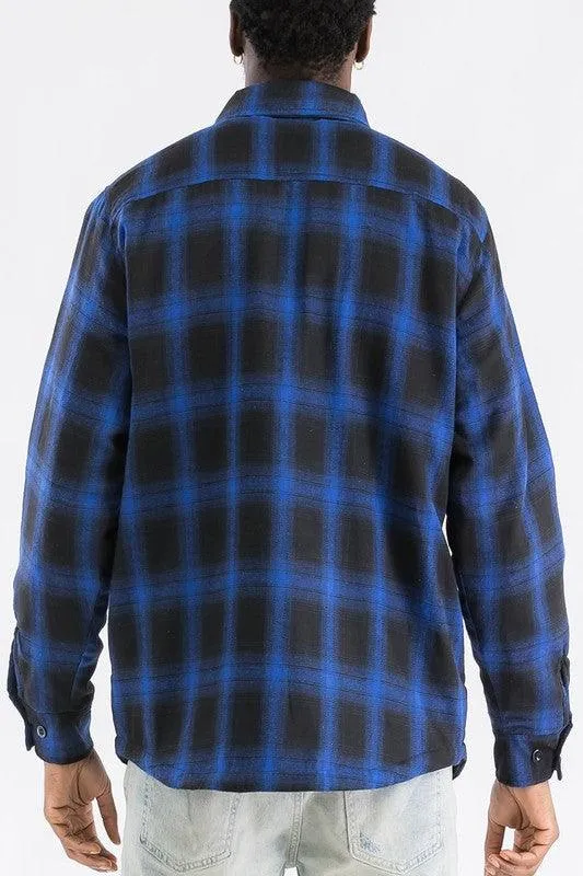 Mens Blue Black White Plaid Quilted Padded Flannel