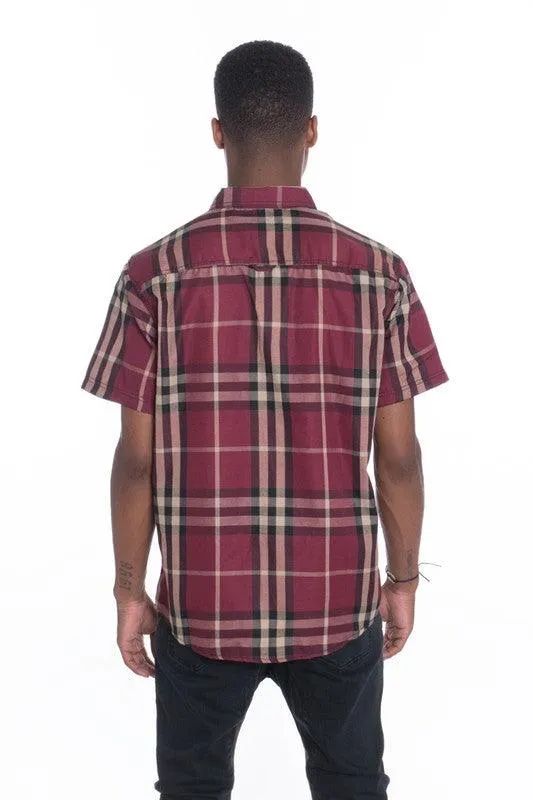 Mens Casual Short Sleeve Checker Plaid Shirts
