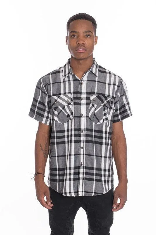 Mens Casual Short Sleeve Checker Plaid Shirts
