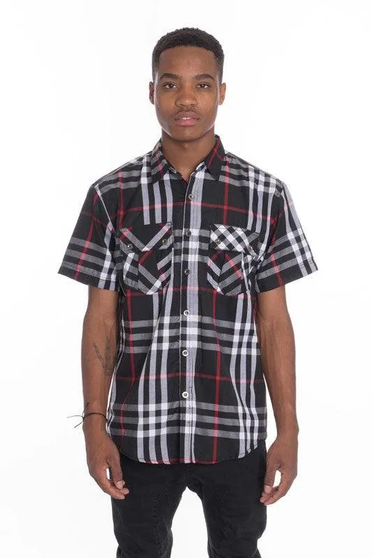 Mens Casual Short Sleeve Checker Plaid Shirts