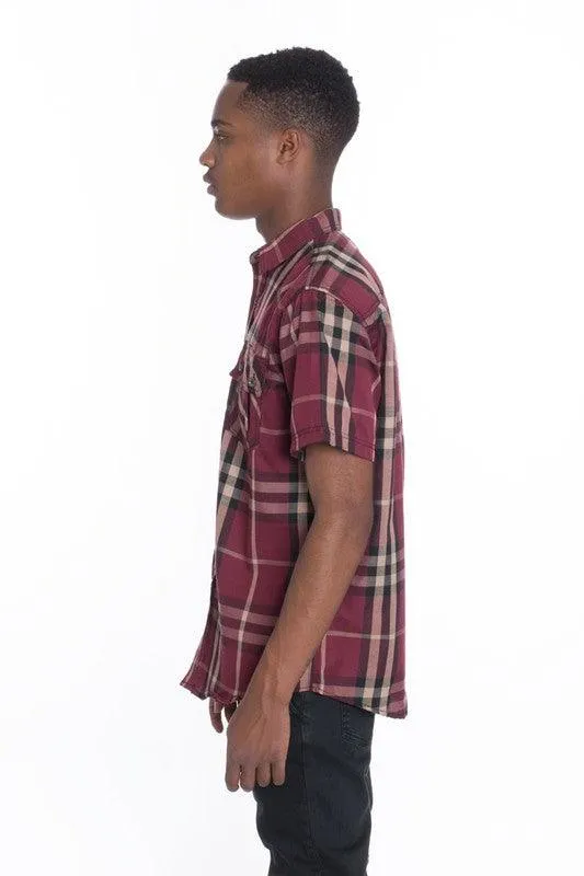 Mens Casual Short Sleeve Checker Plaid Shirts