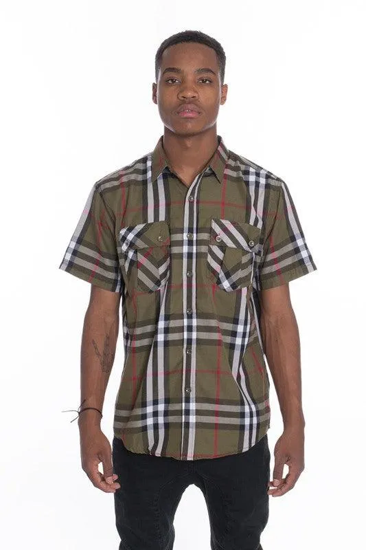 Mens Casual Short Sleeve Checker Plaid Shirts