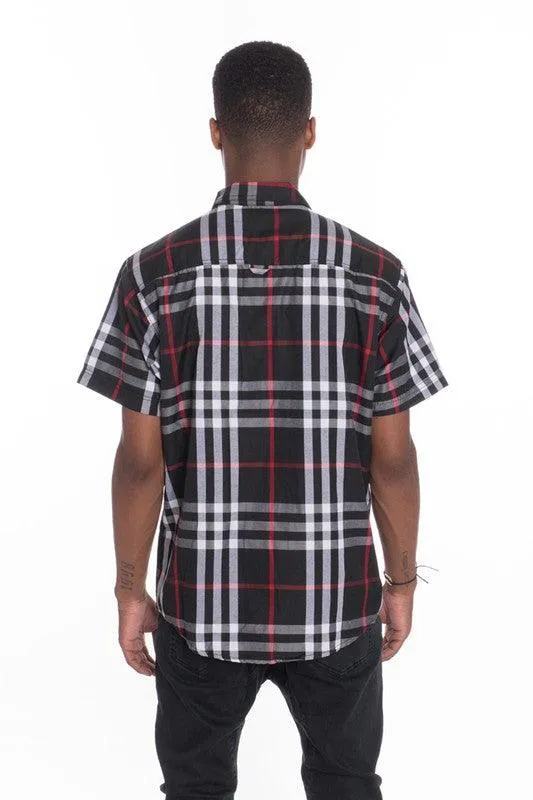 Mens Casual Short Sleeve Checker Plaid Shirts