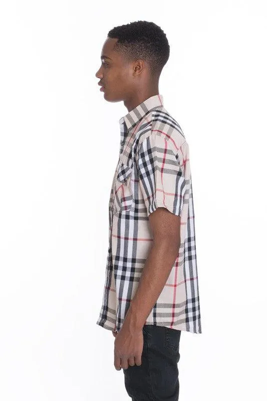Mens Casual Short Sleeve Checker Plaid Shirts