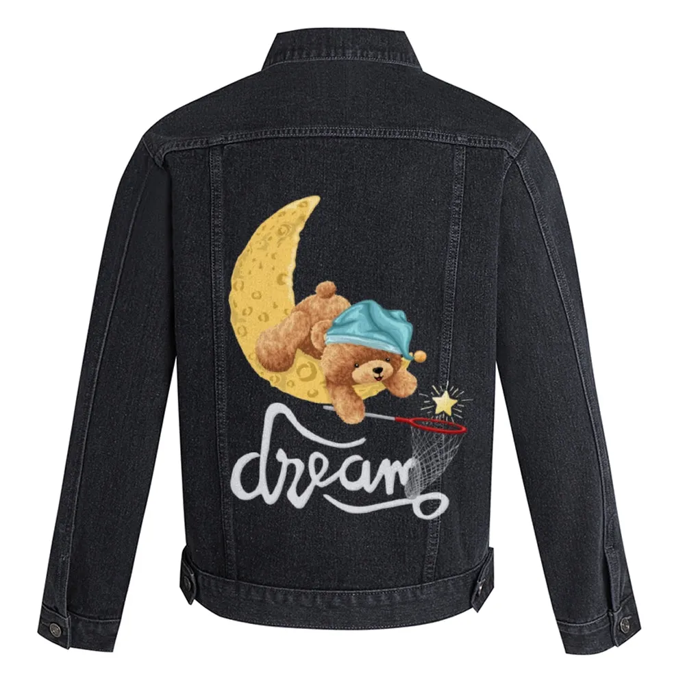 Mens Vintage Cartoon Cute Bear Moon Dream Prints Denim Jacket