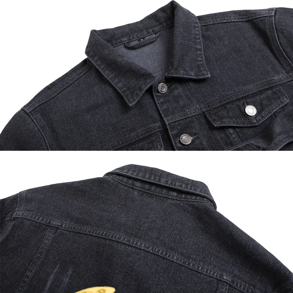Mens Vintage Cartoon Cute Bear Moon Dream Prints Denim Jacket
