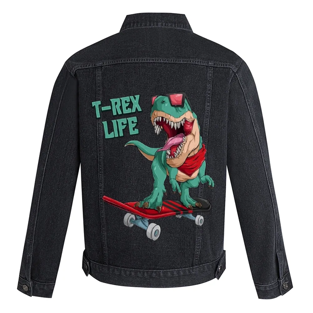Mens Vintage Skate Cartoon Prints Green Dinosaur T-REX LIFE Denim Jacket