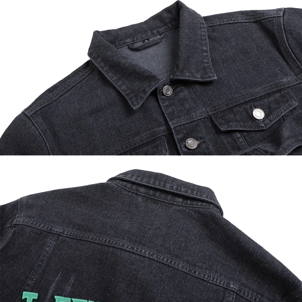 Mens Vintage Skate Cartoon Prints Green Dinosaur T-REX LIFE Denim Jacket