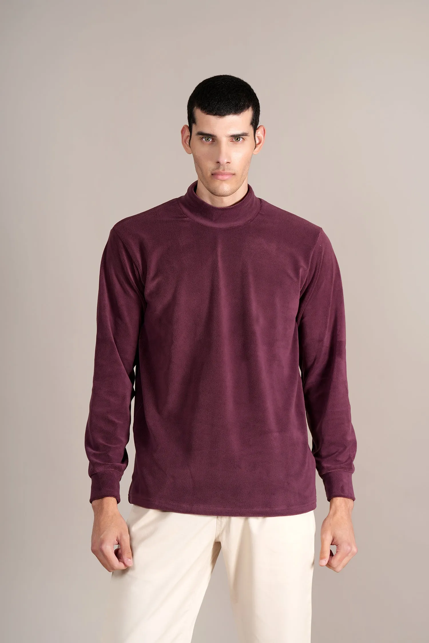 Men's Wine Solid Full Sleeves High Neck T-shirt
