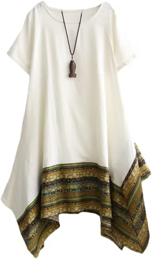 Minibee Women's Ethnic Cotton Linen Short/Long Sleeves Irregular Dress