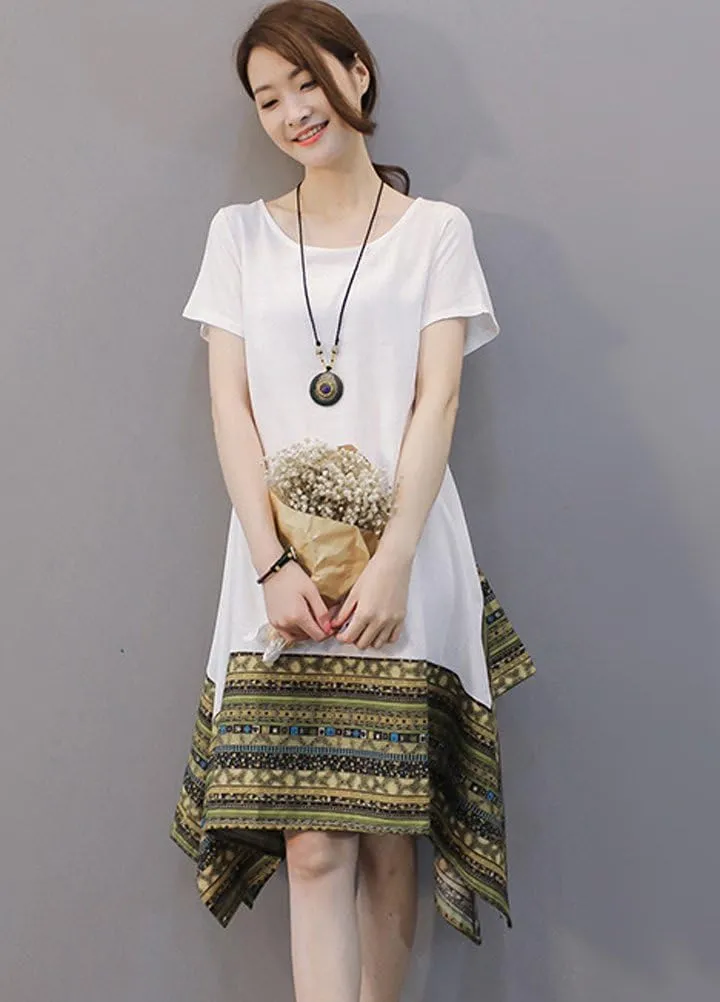 Minibee Women's Ethnic Cotton Linen Short/Long Sleeves Irregular Dress