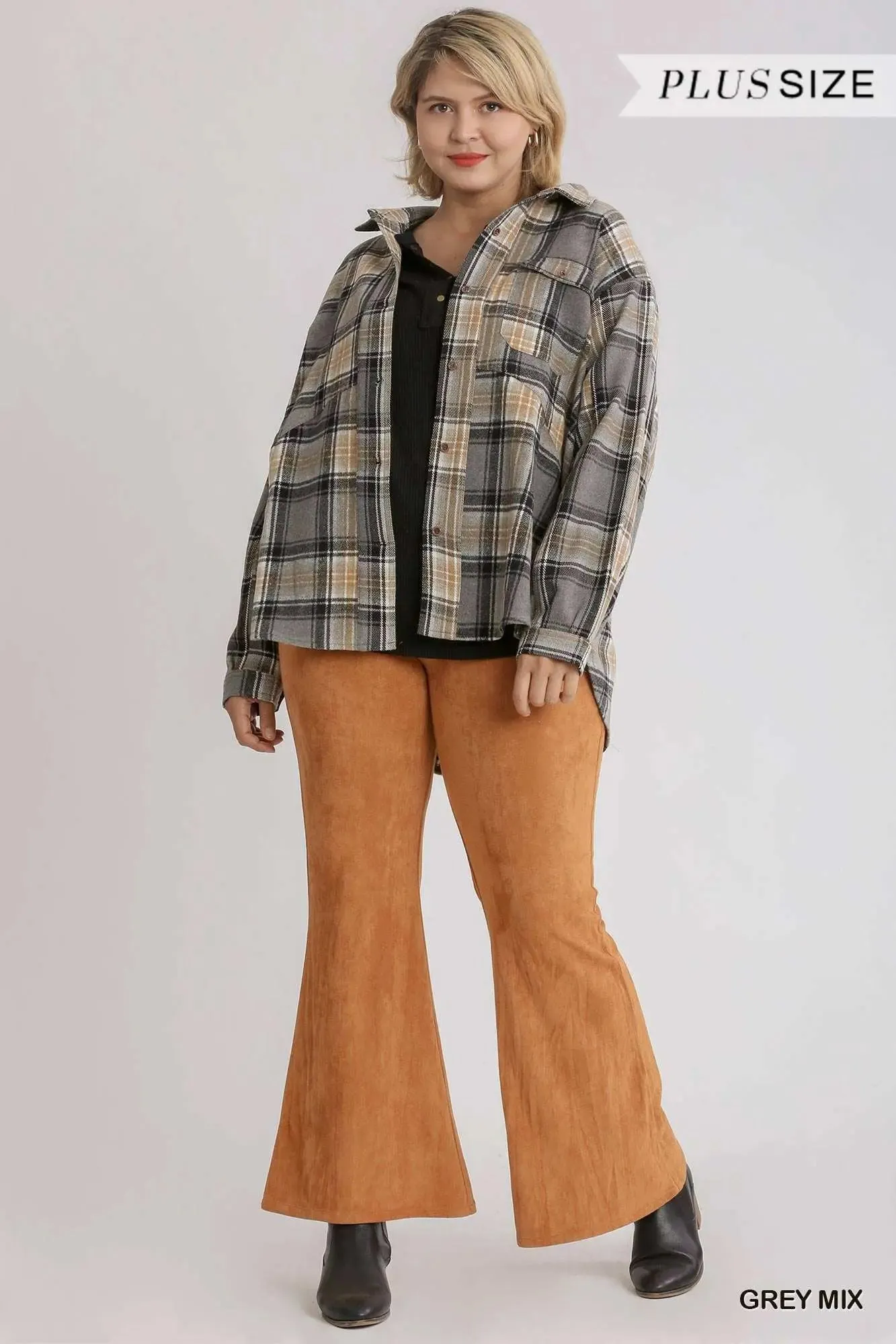 Plaid Collar Button Down Overshirt With Front Pockets
