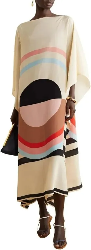 Printed Lounge Wear Calf Length Silk Crepe Kaftan, Tunic Dress, Summer Loose Dress, Soft Dress Gift for Her, Caftan, Party Wear Kaftan 5598 White