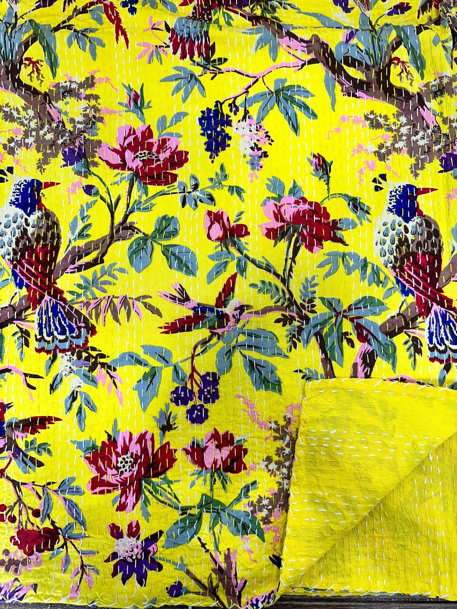 Pure Cotton Kantha Stitch Throw | Indian Hand Block Quilted King Size Bedspread/Sofa Cover Home Decor | Bird Reversible Print Yellow
