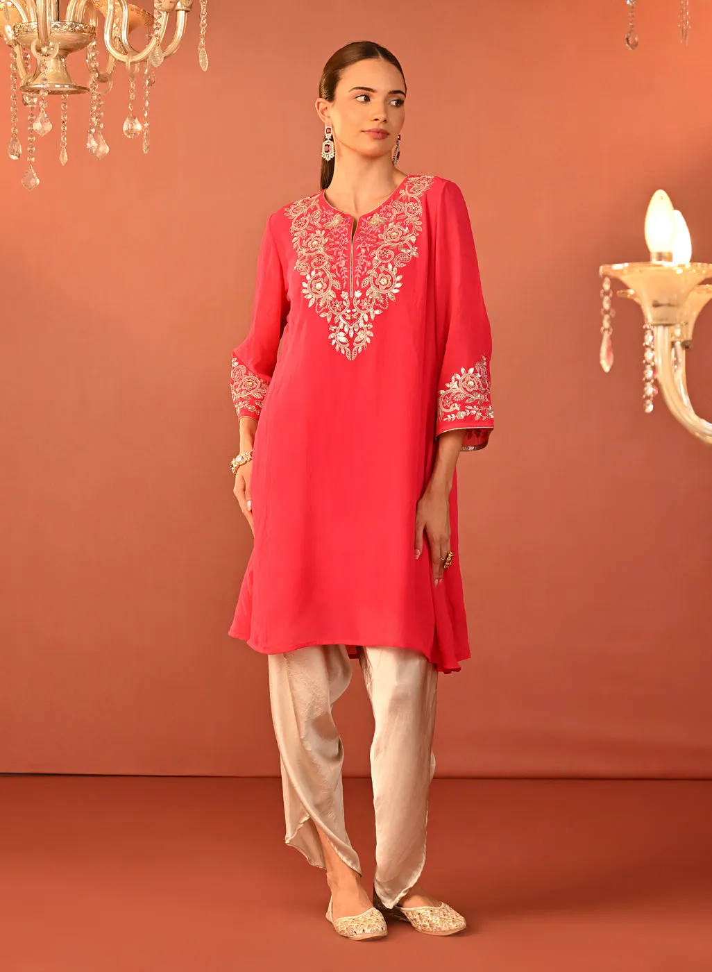 Rida Fuchsia Embroidered Chiffon Co-ord Set for Women