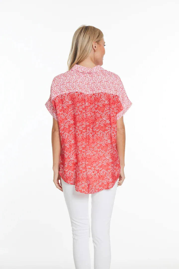 Shirt Multi Color Red 1/4 Sleeve Button Front Women's M24208bm