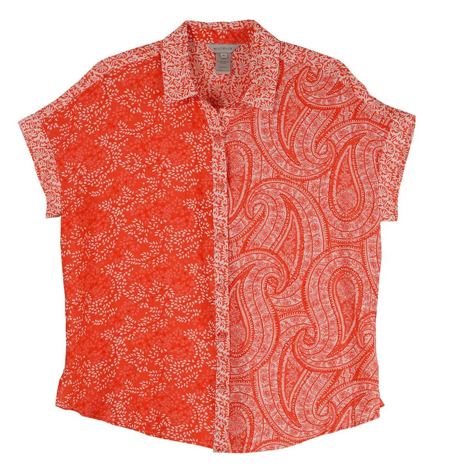 Shirt Multi Color Red 1/4 Sleeve Button Front Women's M24208bm