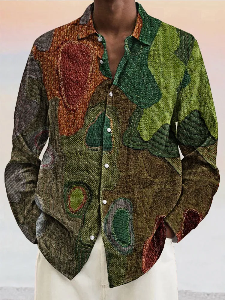 Stylish Colorblock Print Cotton Linen Shirt
