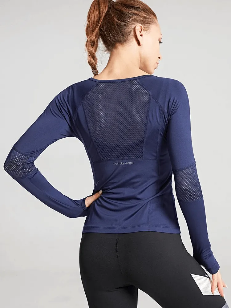 Stylish Elastic Women's Long Sleeve Top with Mesh Inserts - SF1271
