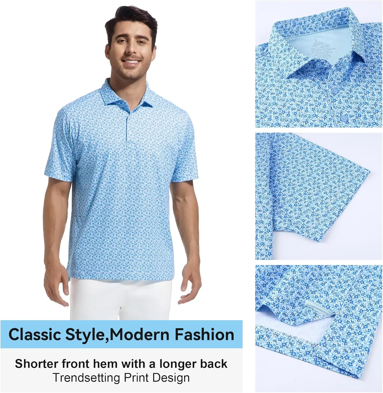 WARHORSEE Mens Golf Shirt Short Sleeve Super Stretch Printed Golf Polo Moisture Wicking Dry Fit Polo Shirts for Men