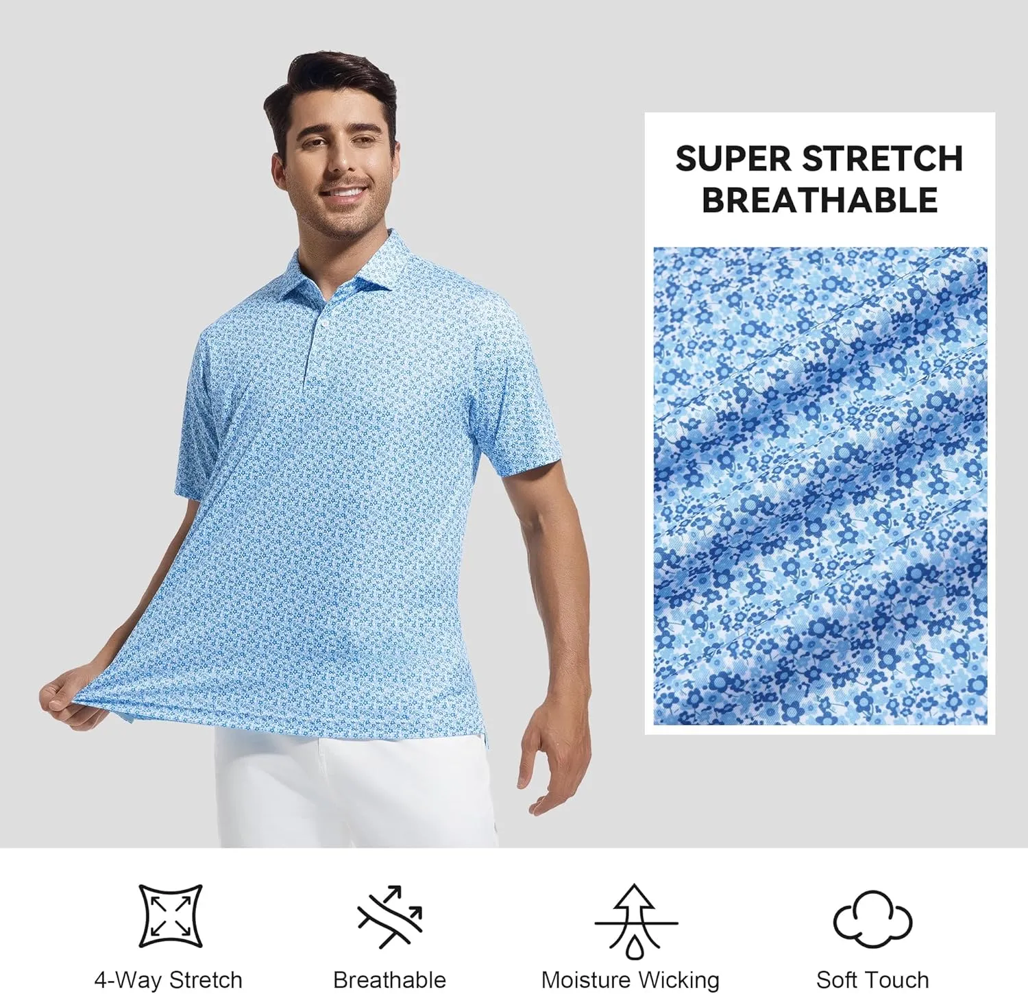 WARHORSEE Mens Golf Shirt Short Sleeve Super Stretch Printed Golf Polo Moisture Wicking Dry Fit Polo Shirts for Men