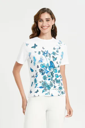 White Embroidered Printed Tee