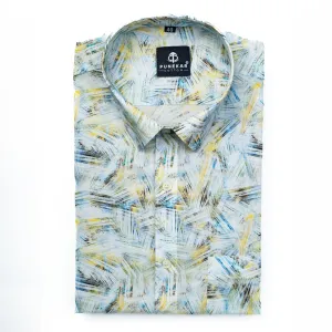 White Yellow Printed Wool Cotton Shirt For Men