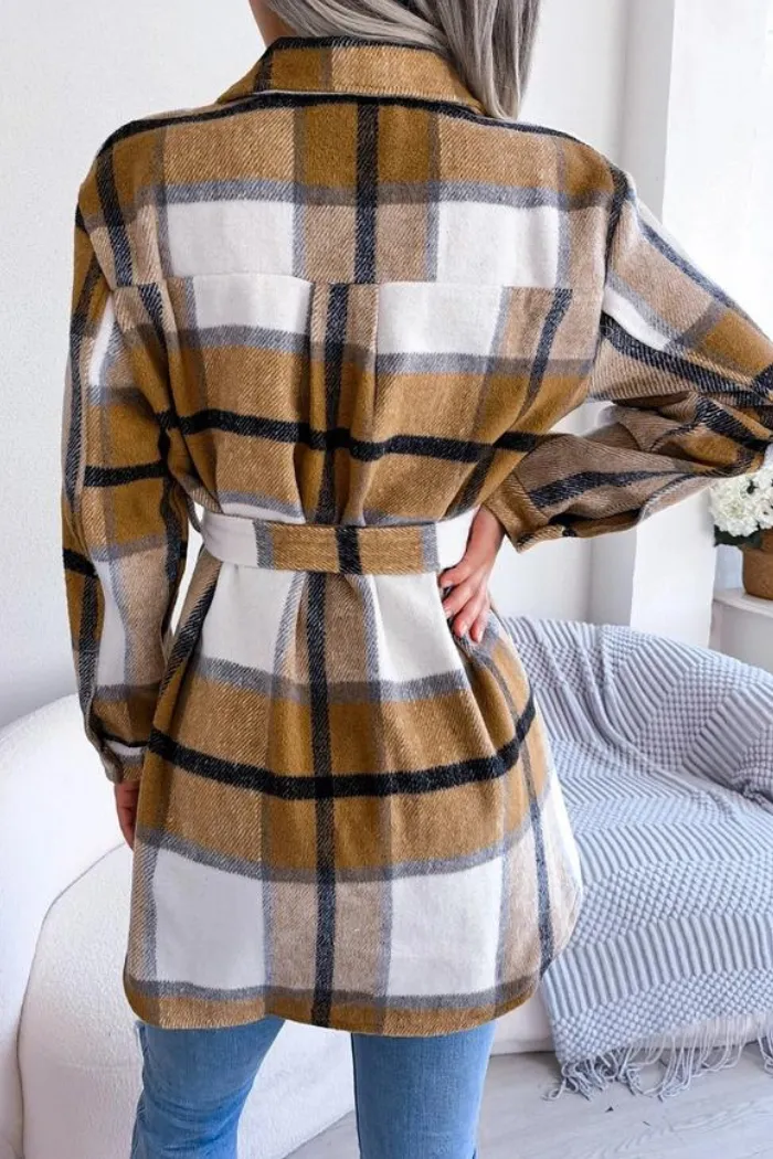 Women Belted Plaid Pattern Button Down