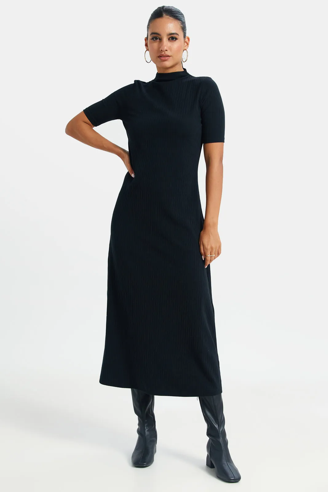 Women Black High Neck Ribbed Dress