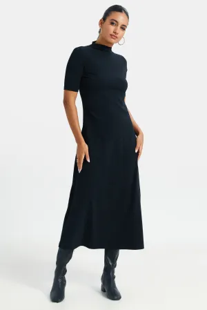 Women Black High Neck Ribbed Dress